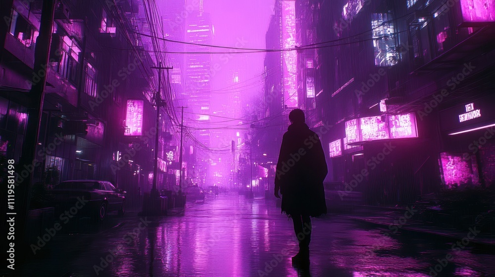 Person walking alone in a futuristic purple city street at night. Person walking alone in a futuristic purple city street at night.