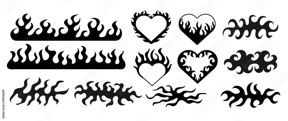 Naklejka premium y2k abstract fire set. Gothic flame heart. Black acid tattoos and print. Design elements