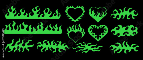y2k abstract fire set. Gothic flame heart. Neon acid tattoos and print. Design green elements