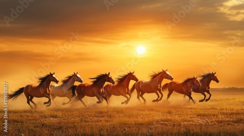 Majestic herd of horses galloping across a field at sunset.