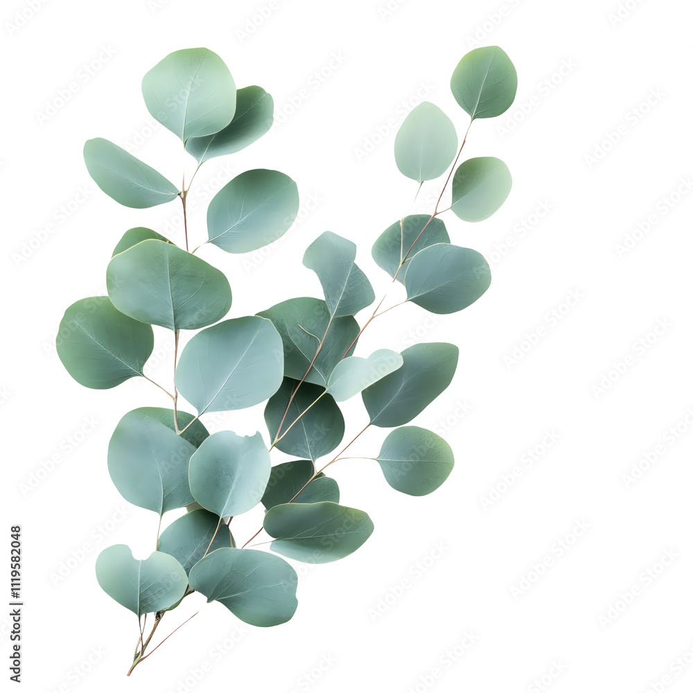 Obraz premium Delicate green eucalyptus leaves nature setting botanical photography fresh atmosphere minimalist perspective on white background , cut out. 