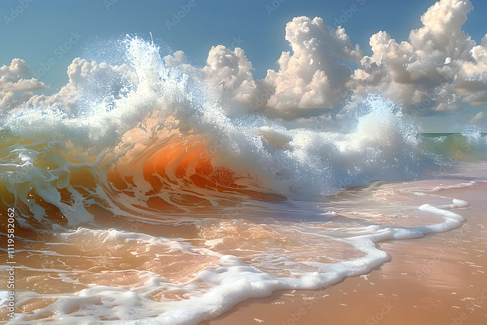 Fototapeta premium Dramatic Ocean Waves Crashing on Sandy Beach Under Cloudy Sky - Nature and Travel