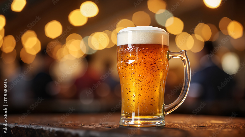 Golden ale beer served in a glass with a festive pub atmosphere Golden ale beer served in a glass with a festive pub atmosphere