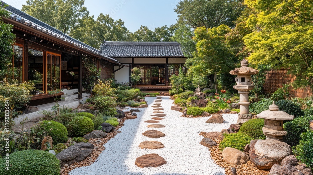 Serene Japanese garden with stepping stones, gravel path, lanterns, and manicured shrubs. Serene Japanese garden with stepping stones, gravel path, lanterns, and manicured shrubs.