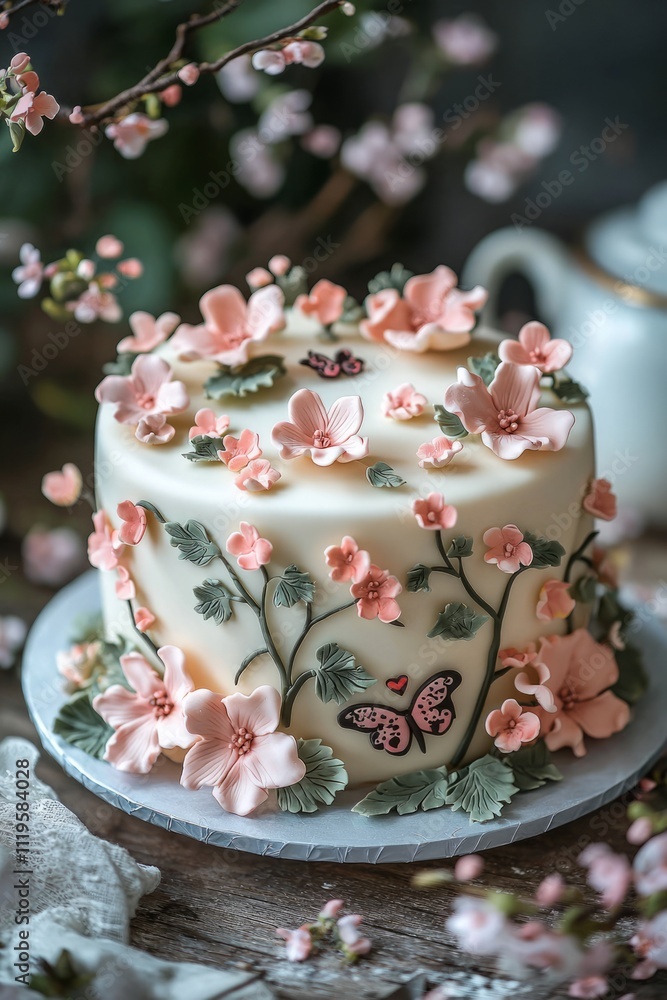 Valentine's fondant cake with florals: A single-tier fondant cake decorated with sugar flowers and romantic text, Valentine's fondant cake with florals: A single-tier fondant cake decorated with sugar flowers and romantic text,