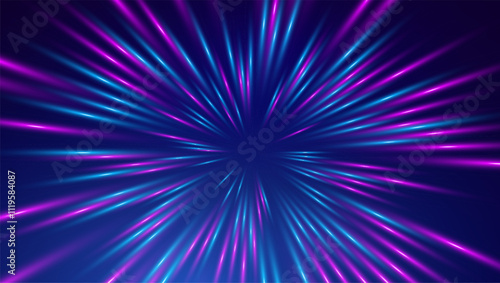 Warp drive high speed. Neon light warp tunnel speed of light background.