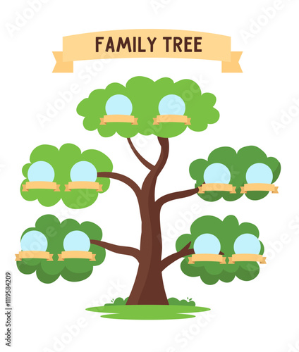 Genealogy family tree for ancestry history with photo frames on branches, vector template.