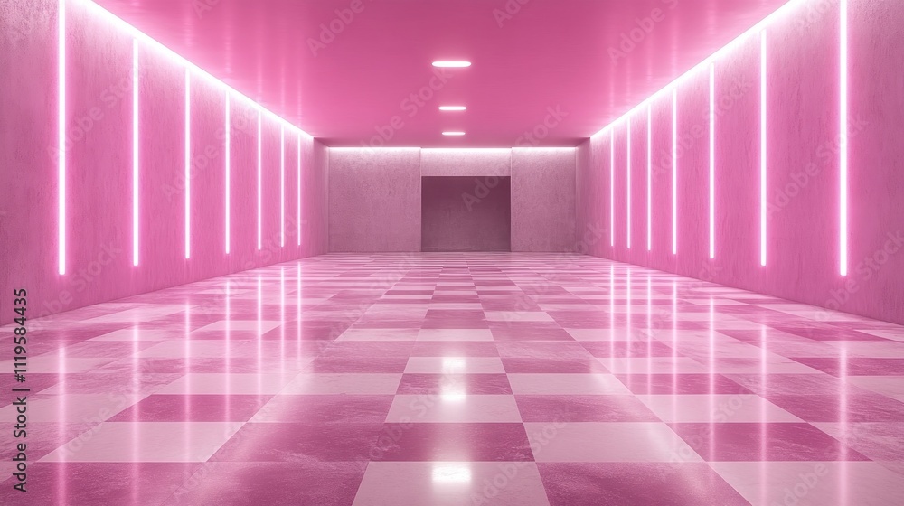 Pink neon hallway with checkered floor. Pink neon hallway with checkered floor.