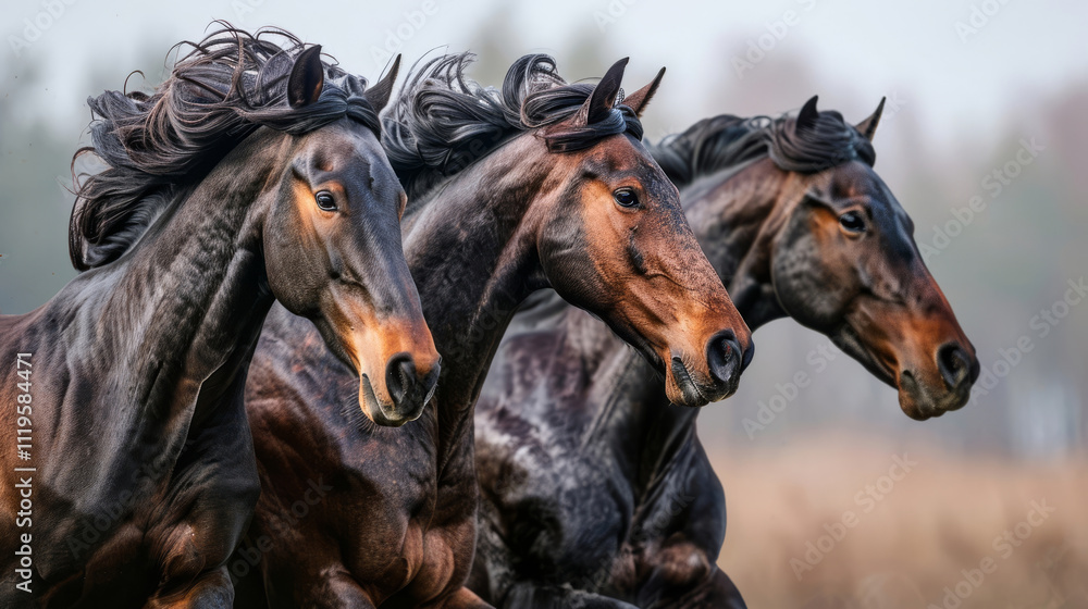 Close-up of three dark bay horses galloping side by side, their manes flowing in the wind. A stunning display of strength, motion, and unity in a natural setting Close-up of three dark bay horses galloping side by side, their manes flowing in the wind. A stunning display of strength, motion, and unity in a natural setting