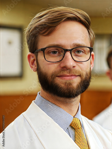 Portrait of a confident young professional in a white coat, ready for healthcare challenges.