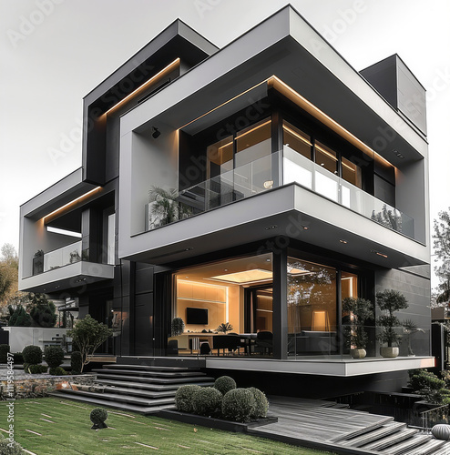 A modern and energy zero multiplex house with 3 floors and cladding material for buildings are horizontal black and white tone with sun room and a single slope roof.