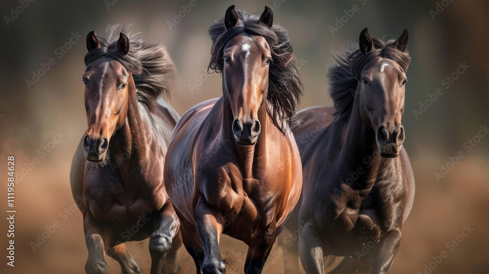 Front view of three dark bay horses running together, their manes flowing dramatically. A display of strength, speed, and unity against a blurred background Front view of three dark bay horses running together, their manes flowing dramatically. A display of strength, speed, and unity against a blurred background