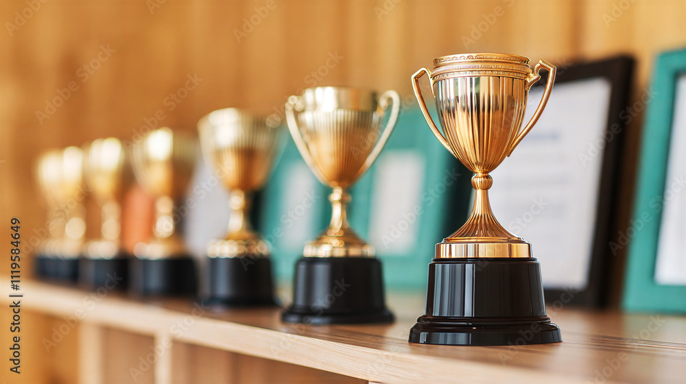 Row of gold trophies and certificates showcasing achievement and success. Row of gold trophies and certificates showcasing achievement and success.