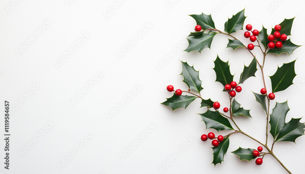 Fototapeta premium A vibrant holly branch with red berries and green leaves on a white background.