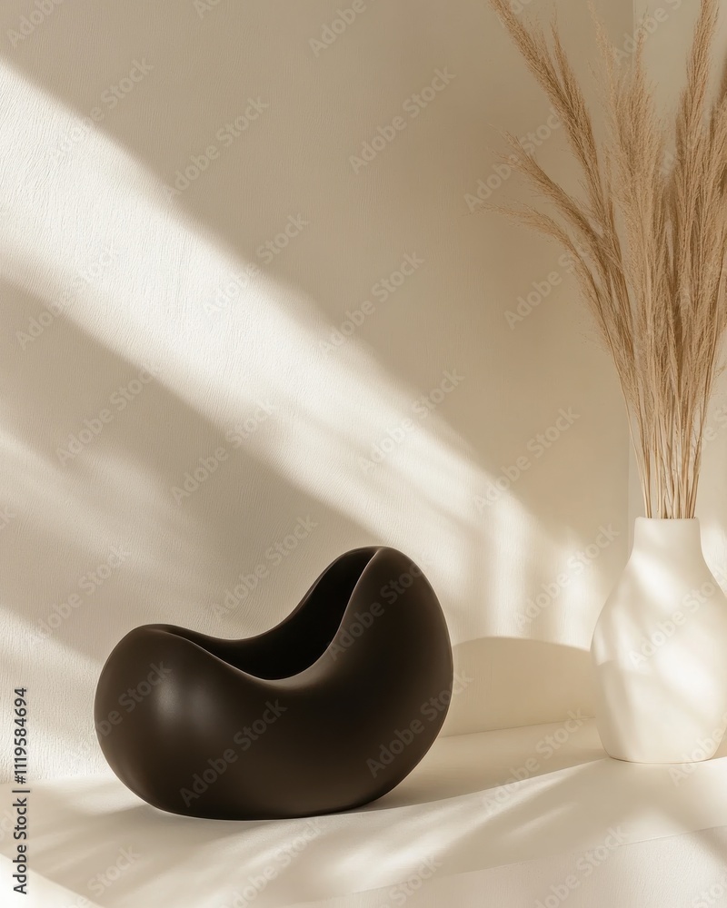 custom made wallpaper toronto digitalDark brown organic-shaped bowl on white surface with pampas grass in background.