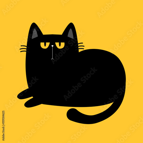 Laying cat. Cute Funny kitten with yellow eyes. Sad face head. Black silhouette icon. Kawaii pet animal. Cartoon funny character. Childish style. Happy Halloween. Flat design. Yellow background Vector