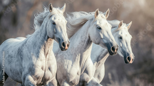 Close-up of three elegant white horses running side by side, their flowing manes and muscular frames illuminated by soft light in a serene setting