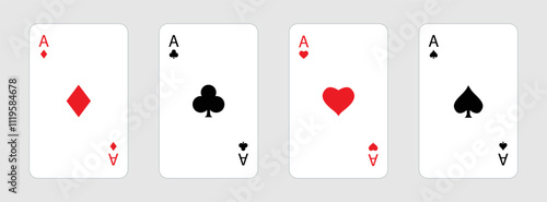 Playing card set. Poker cards suits. Four aces icon. Hearts, clubs, diamonds, spades ace. Winning poker hand. Las Vegas Casino gambling concept. Simple flat design. Isolated. White background. Vector