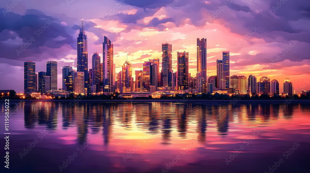 Frontal view of a city skyline during sunset, watercolor technique with soft blending of purples, reds, and golds, buildings illuminated with warm light reflections Frontal view of a city skyline during sunset, watercolor technique with soft blending of purples, reds, and golds, buildings illuminated with warm light reflections