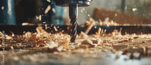 A dynamic drill in motion spreads wood shavings, capturing the energy of craftsmanship in a sunlit workshop. photo