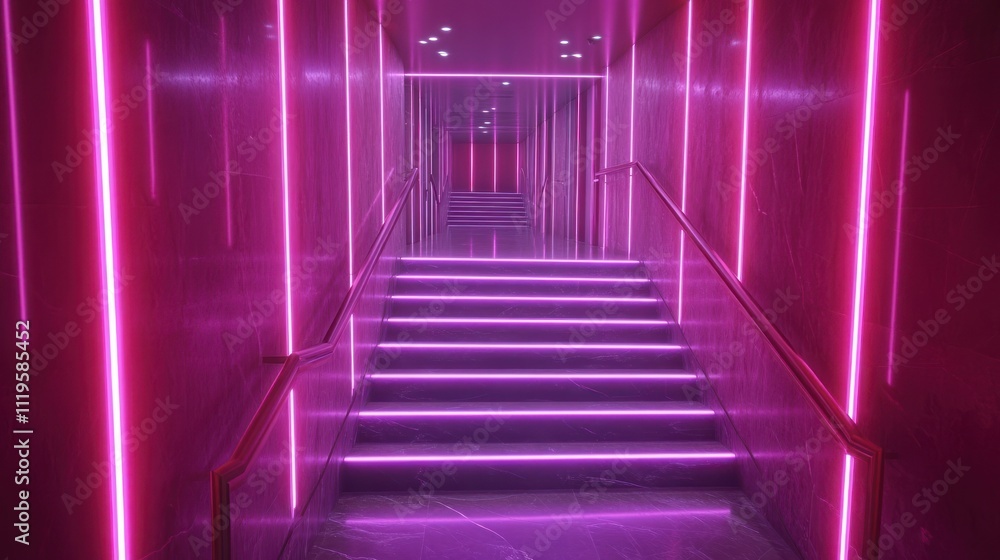 Pink neon lights illuminate a modern staircase in a corridor. Pink neon lights illuminate a modern staircase in a corridor.