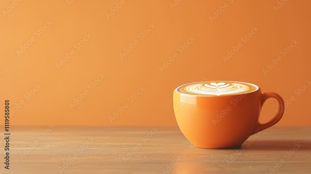 A latte art presentation in an orange cup with available space for text. A latte art presentation in an orange cup with available space for text.