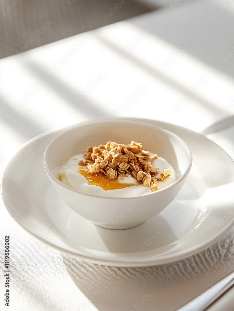 A bowl of yogurt topped with honey and granola, served on a plate in natural light. A bowl of yogurt topped with honey and granola, served on a plate in natural light.