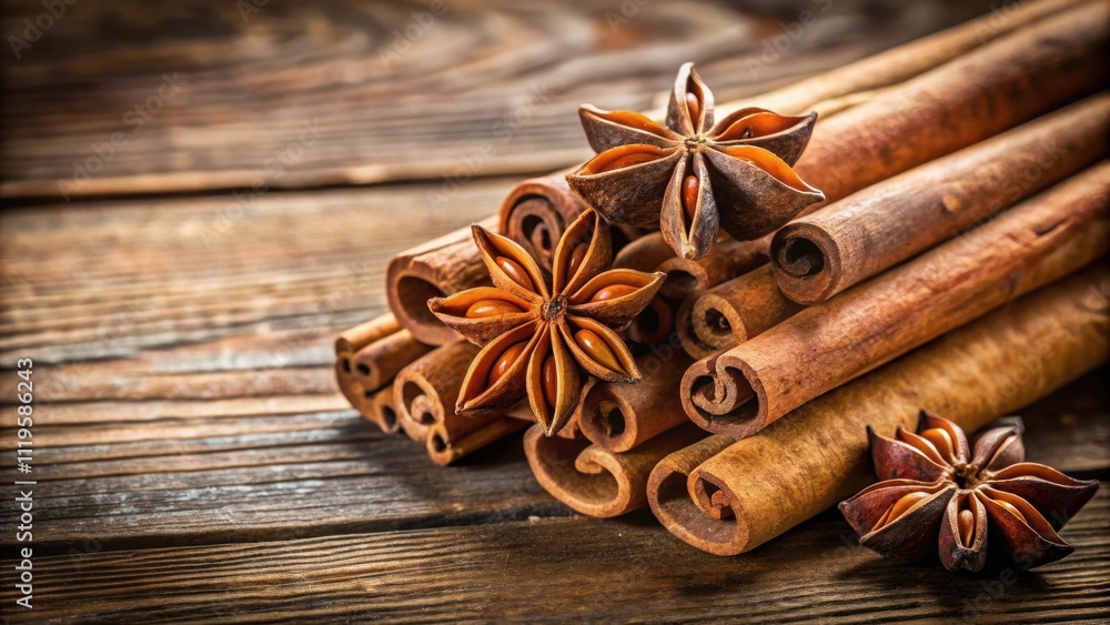 Close-up of cinnamon sticks and star anise on a rustic wooden surface, spices, aromatic, cooking, ingredients, baking, flavor Close-up of cinnamon sticks and star anise on a rustic wooden surface, spices, aromatic, cooking, ingredients, baking, flavor