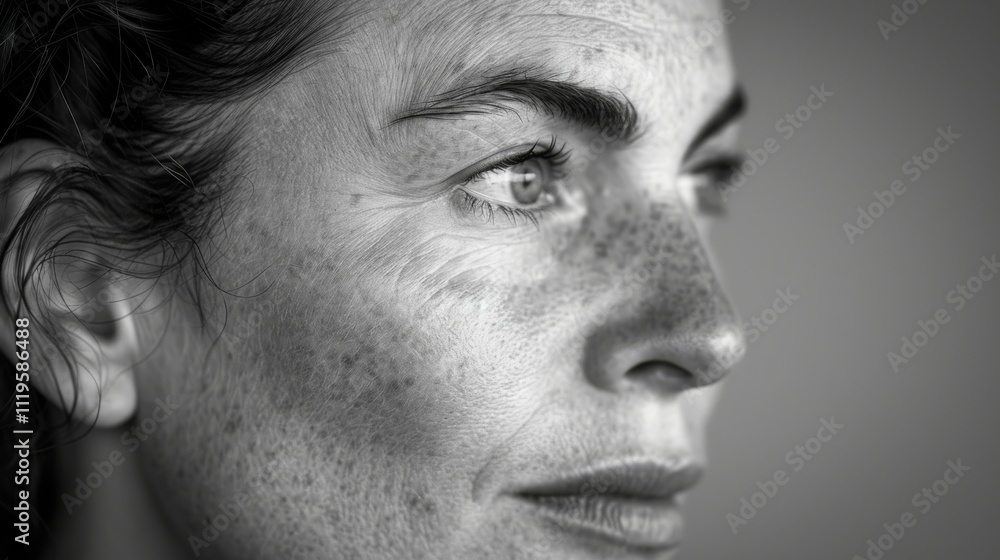 Detailed black and white side-profile close-up of a woman face, showcasing freckles, textured skin, and natural features. Soft lighting enhances depth and emotion Detailed black and white side-profile close-up of a woman face, showcasing freckles, textured skin, and natural features. Soft lighting enhances depth and emotion
