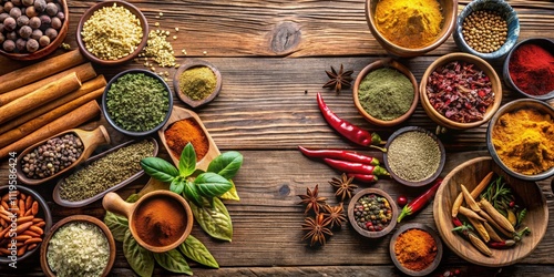 Assorted spices displayed on rustic wooden board, spices, herbs, seasoning, ingredients, cooking, culinary, food