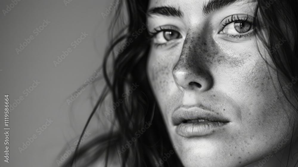 A close-up black and white portrait of a woman with freckled skin and soft, melancholic eyes. Subtle lighting highlights texture and emotion, enhancing her reflective expression A close-up black and white portrait of a woman with freckled skin and soft, melancholic eyes. Subtle lighting highlights texture and emotion, enhancing her reflective expression