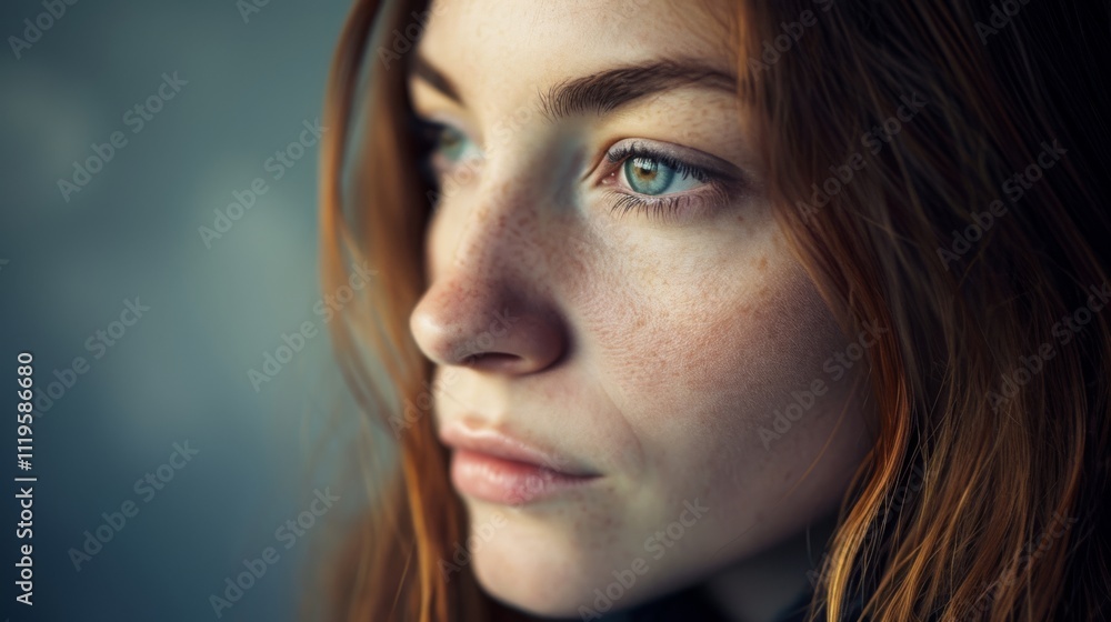 Fototapeta premium A close-up of a freckled woman with auburn hair and green eyes, gazing wistfully into the distance. Soft lighting highlights her delicate features and melancholic expression