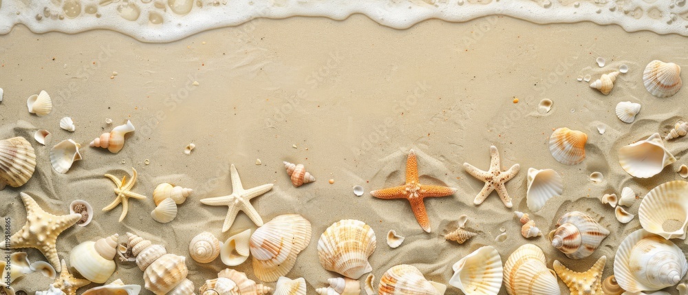 Fototapeta premium Vibrant shells and starfish are scattered across a sandy shoreline, kissed by gentle waves, capturing the essence of seaside tranquility.