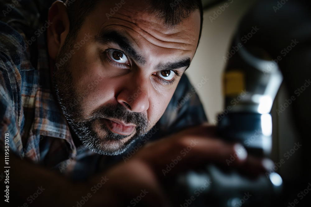 Focused Hispanic mature man repairing metal pipes indoors Focused Hispanic mature man repairing metal pipes indoors