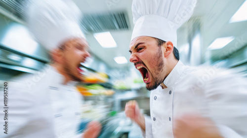 Two mad cooks screaming at each other in restaurant kitchen photo