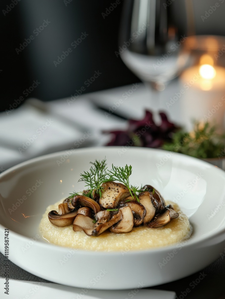 A gourmet dish featuring mushrooms atop creamy polenta, elegantly presented for dining. A gourmet dish featuring mushrooms atop creamy polenta, elegantly presented for dining.