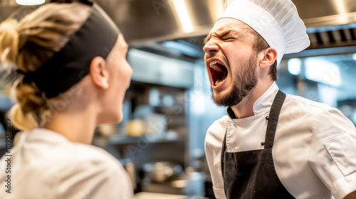 Two mad cooks screaming at each other in restaurant kitchen photo