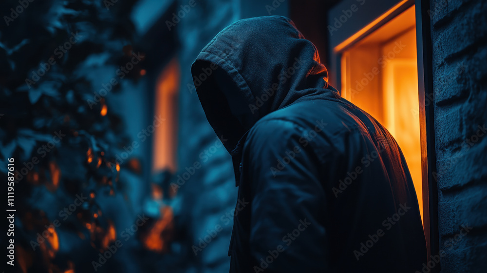 Mysterious hooded man at night in blue and orange light Mysterious hooded man at night in blue and orange light