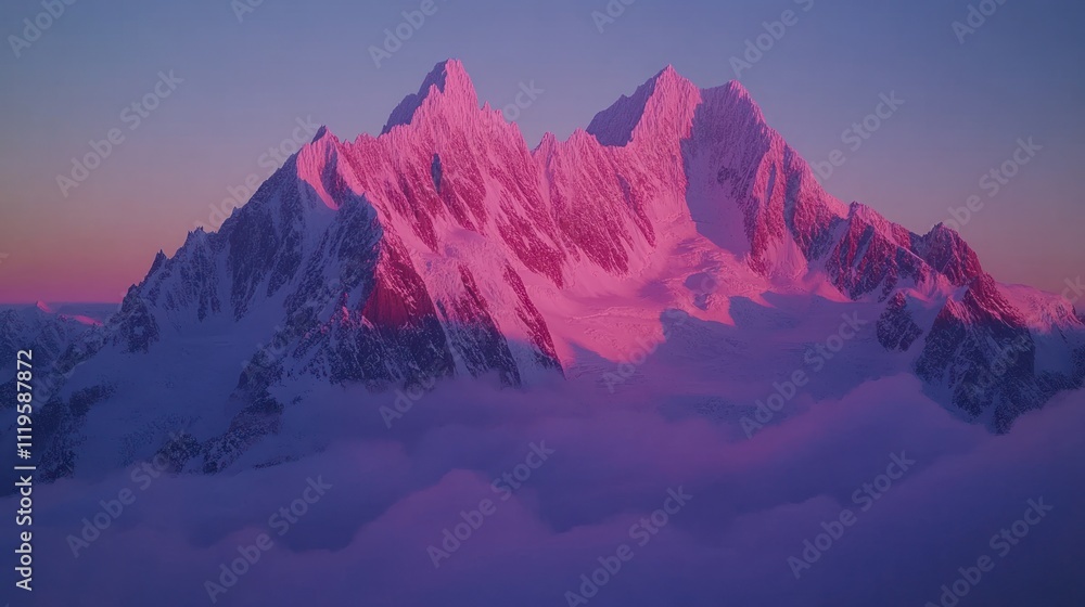 Pink sunset illuminates snow-capped mountain peaks above clouds. Pink sunset illuminates snow-capped mountain peaks above clouds.