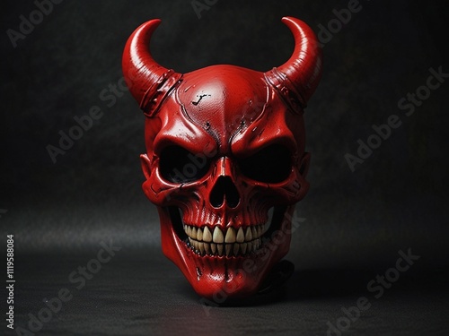 Red Oni Mask for Japanese Festival or Ceremony,Scary red devil face with horns and a tail in the middle of a dark background.