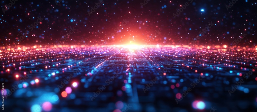 Obraz premium Abstract digital landscape with glowing lights and a bright horizon.