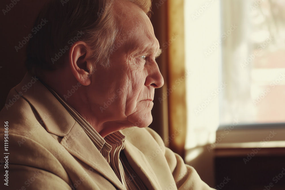 Elderly Caucasian man in thoughtful profile by window light Elderly Caucasian man in thoughtful profile by window light