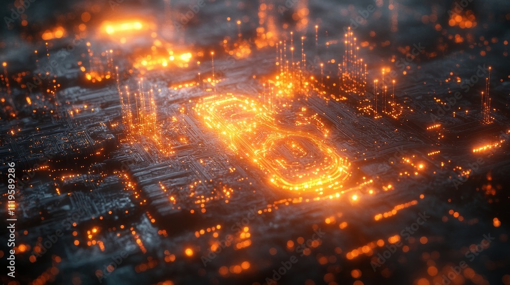 A glowing 3D rendering of a chain link symbol on a futuristic circuit board. A glowing 3D rendering of a chain link symbol on a futuristic circuit board.