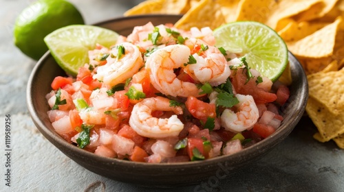 Fresh and zesty shrimp ceviche served in style with lime and tortilla chips, placed on a rustic gray surface.