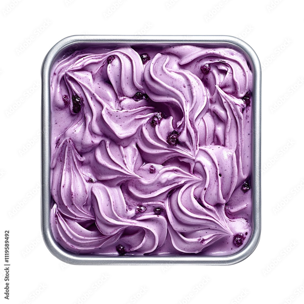 Obraz premium Extreme top view of hyper realistic blueberry cheesecake gelato ice cream spread across a gelato steel tray isolated on a white transparent background