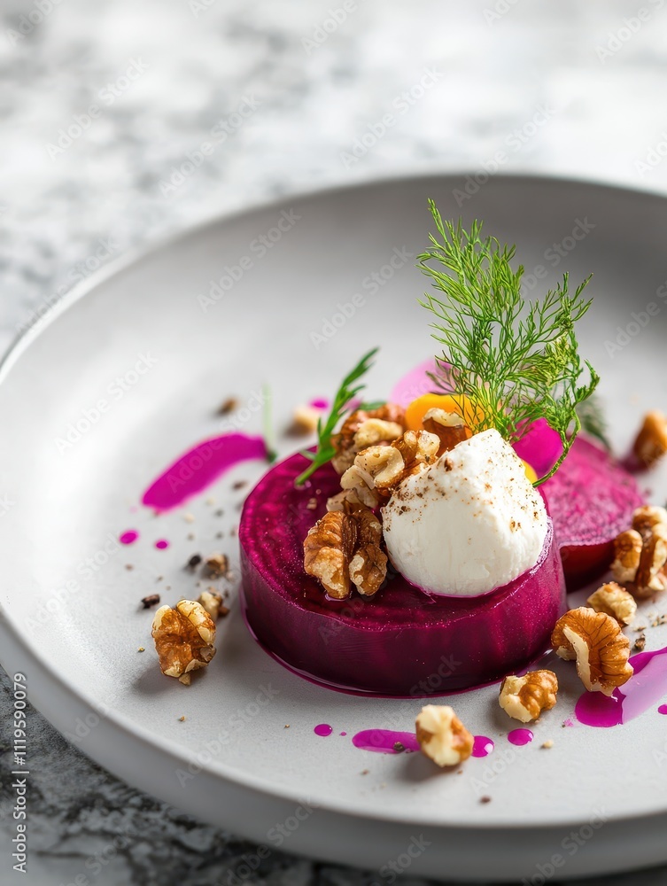 A vibrant dish featuring beetroot, cheese, walnuts, and garnishes on a decorative plate. A vibrant dish featuring beetroot, cheese, walnuts, and garnishes on a decorative plate.