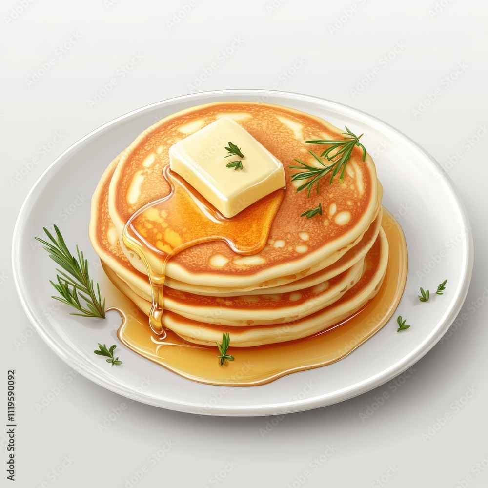 Delicious stack of pancakes with butter and syrup on a white plate, garnished with fresh herbs. Delicious stack of pancakes with butter and syrup on a white plate, garnished with fresh herbs.