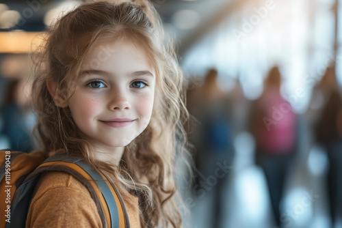 A close-up of a cheerful young girl with a warm smile, standing in a bustling airport terminal.