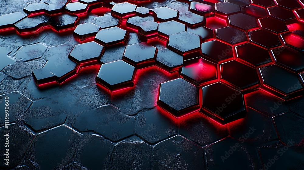 Fototapeta premium Red hexagonal shapes arranged in a honeycomb pattern on a dark background.