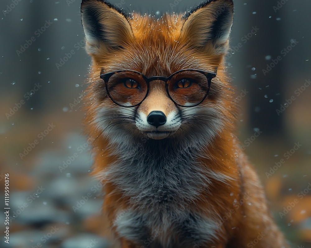 Fototapeta premium Curious Fox Wearing Glasses in Enchanted Foggy Forest Landscape